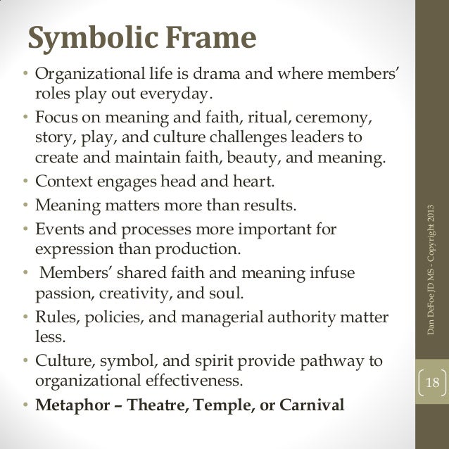 political and symbolic frame analysis An exposition of the four 'frames' or perspectives by which to evaluate and understand modern organisations bolman & deal suggested that a more comprehensive understanding of modern organisations could be gained by viewing them from structural, human resources, political and symbolic (cultural) frames. political and symbolic frame analysis An exposition of the four 'frames' or perspectives by which to evaluate and understand modern organisations bolman & deal suggested that a more comprehensive understanding of modern organisations could be gained by viewing them from structural, human resources, political and symbolic (cultural) frames.